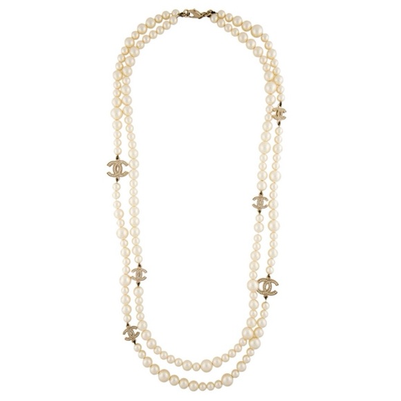 Chanel Faux Pearl & Strass CC Double Strand Rhinestone Logo Long Necklace - Picture 11 of 11